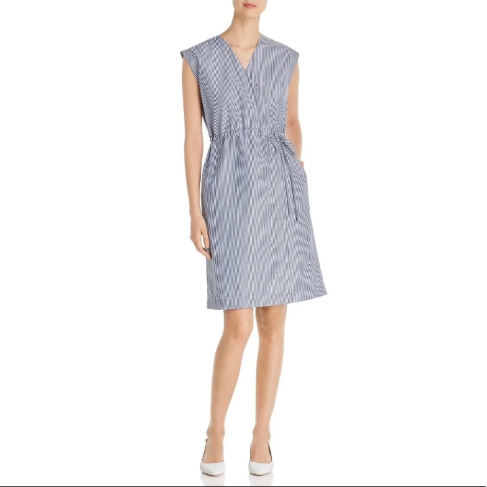 LE GALI Navy Striped Cap Sleeve V Neck Above The Knee Sheath Dress Size L